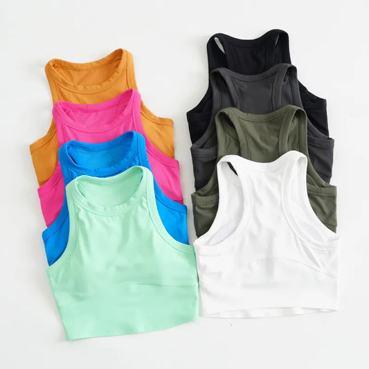 Women High Neck Lycra Sports Vest Medium Support Sweat-wicking Yoga Crop Top Racerback Gym Running Yoga Built in Bra Tops