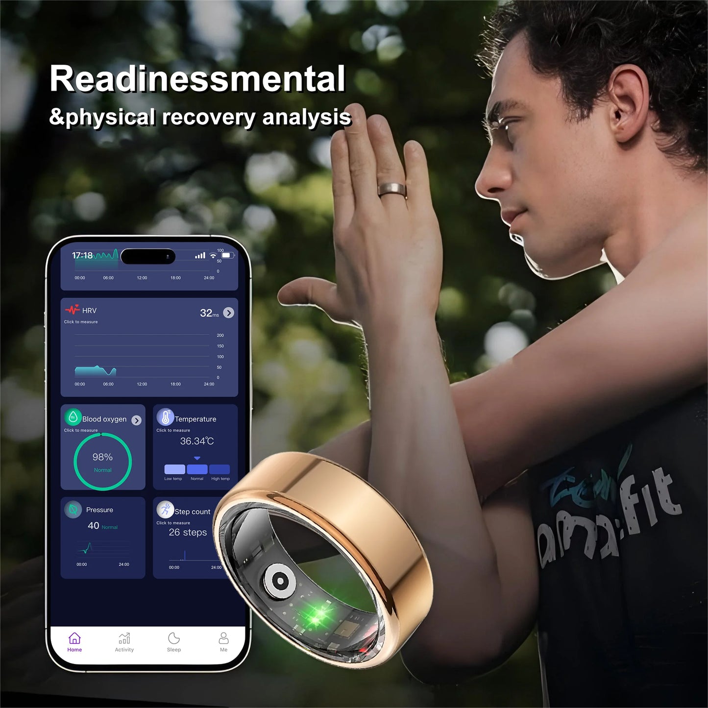 JUSTLANG Smart Ring Sports Ring Health Monitoring Bluetooth Heart Rate Blood Oxygen Sleep Pressure Motion Data Magnetic Charging