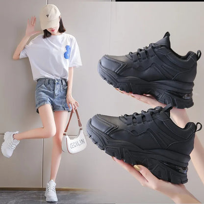 2022 Spring and Autumn New Sports Shoes Women's Fashion Casual Thick-soled Lace Daddy Solid Color Running Shoes Women